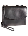 Black pebbled cowhide leather flap pocket on the Derek Alexander purse with adjustable straps
