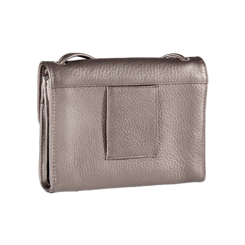 Belt loop pocket on the back of the Derek Alexander purse in pebbled cowhide leather silver with adjustable straps