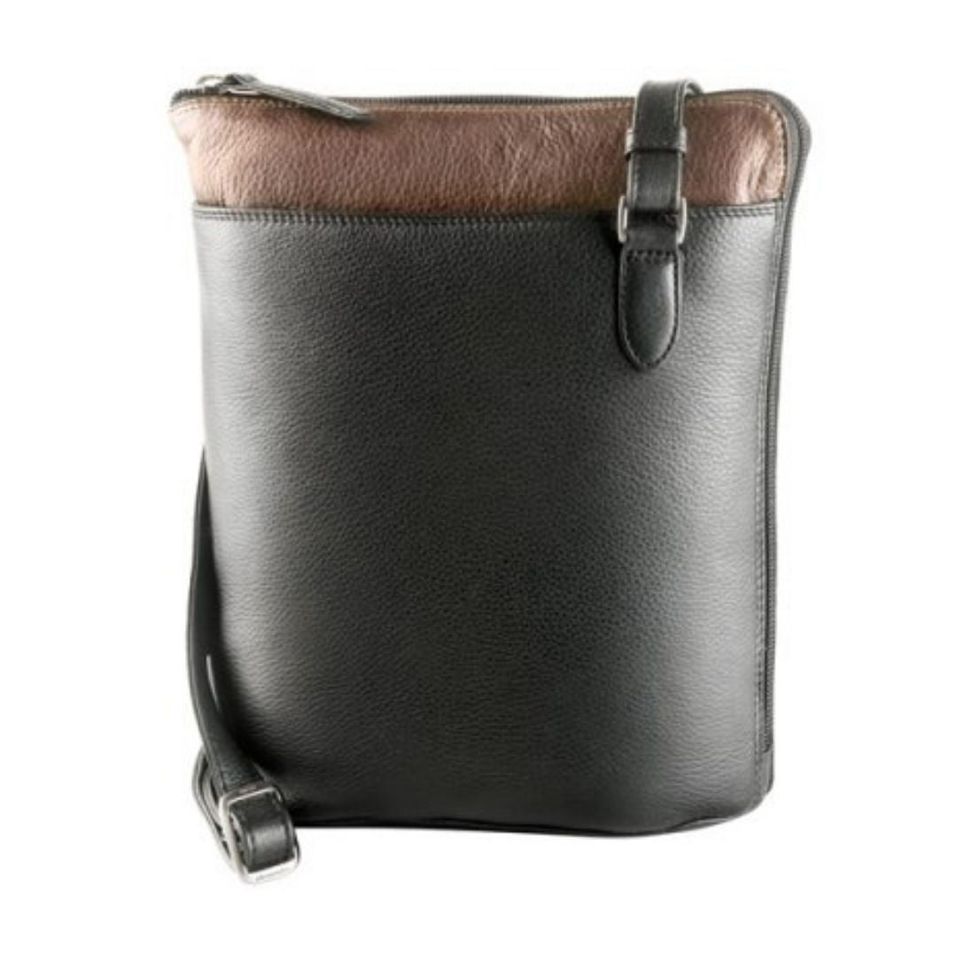 Black and bronze bucket bag by Derek Alexander with an adjustable shoulder strap