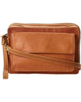 Tan leather bag with front pocket, top zipper and shoulder strap and wrist strap