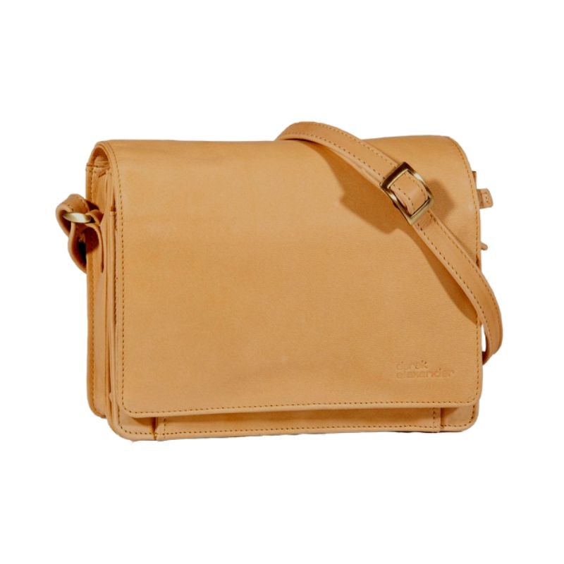 Natural leather full flap  handbag by Derek Alexander with an adjustable strap and buckle