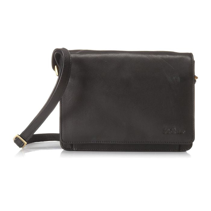 Black leather full flap handbag by Derek Alexander with an adjustable strap and buckle. 