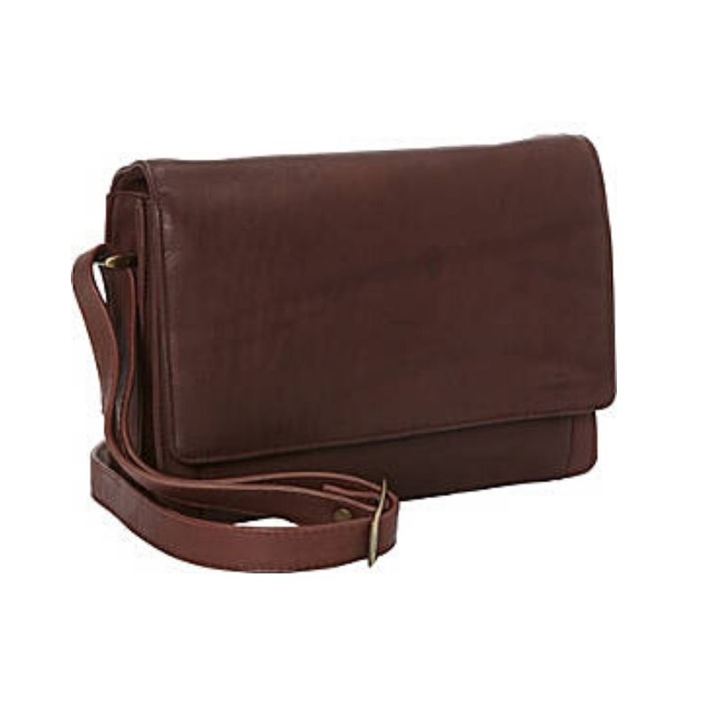 Brown leather clutch style hand bag with front flap pocket and adjustable strap by Derek Alexander