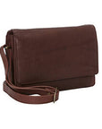 Brown leather clutch style hand bag with front flap pocket and adjustable strap by Derek Alexander