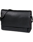Black leather handbag with a flap closure and an adjustable strap by Derek Alexander
