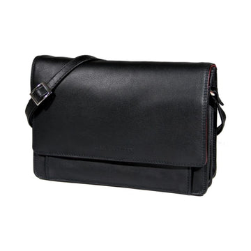 Black leather handbag with a flap closure and an adjustable strap by Derek Alexander