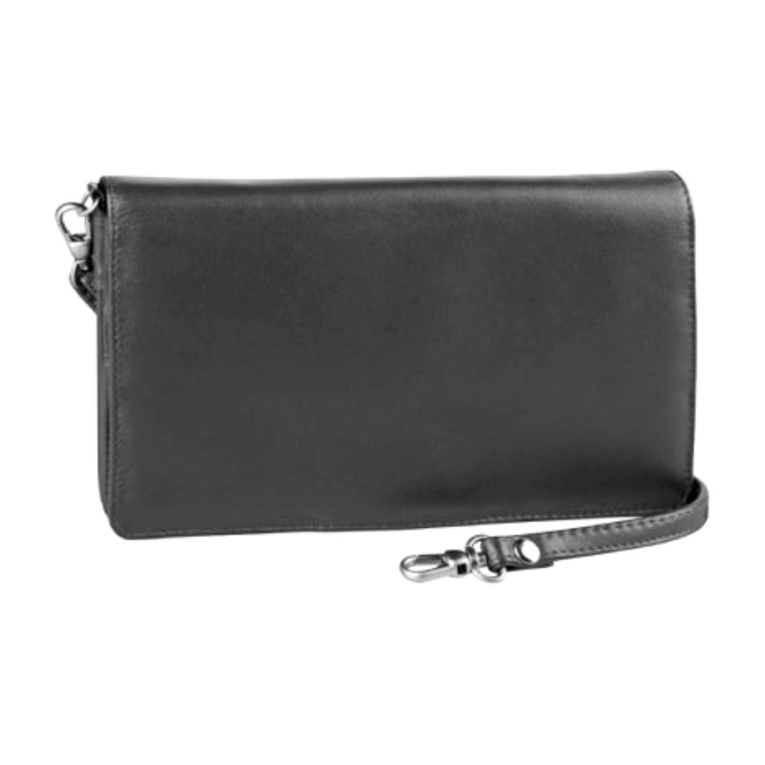 Black leather organizer handbag with removable shoulder strap.