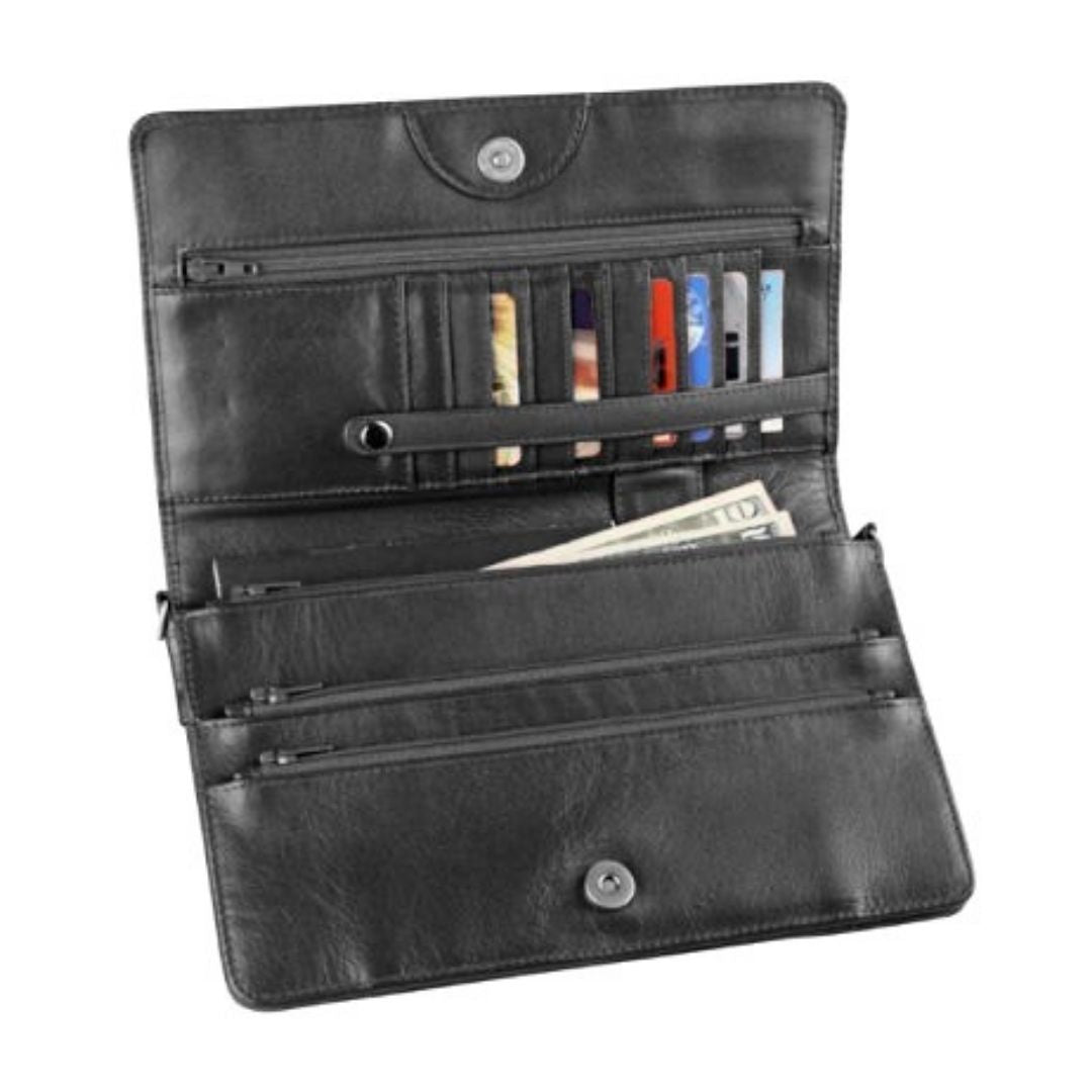 Inside view of black leather organizer bag with four zippered pockets, bill pockets and lots of card sleeves.