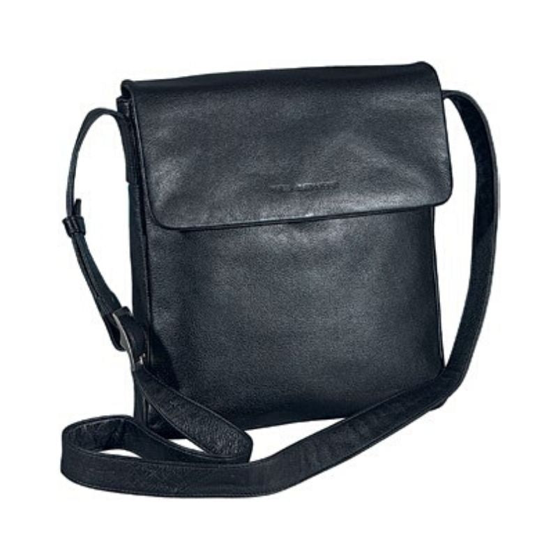 Black leather small messenger style bag with adjustable strap by Derek Alexander