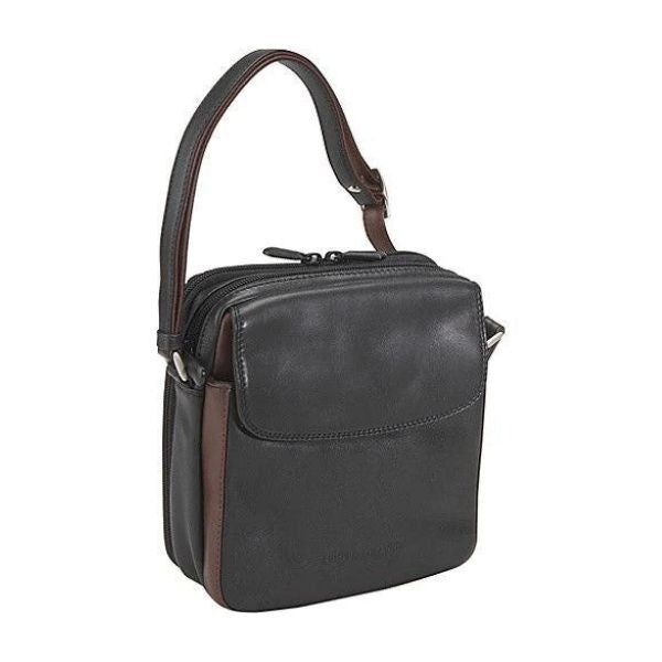 Derek Alexander crossbody organizer bag in premium black leather with top zip closure and rear organizer pocket, ideal for travel and daily use.