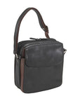 Derek Alexander crossbody organizer bag in premium black leather with top zip closure and rear organizer pocket, ideal for travel and daily use.