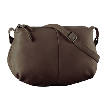 Brown leather handbag with top zipper and adjustable shoulder strap.