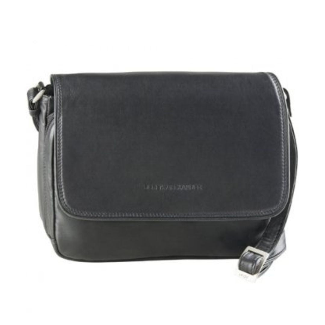 3/4 flap organizer bag in black. Black leather purse with Derek Alexander logo embossed in the center. 