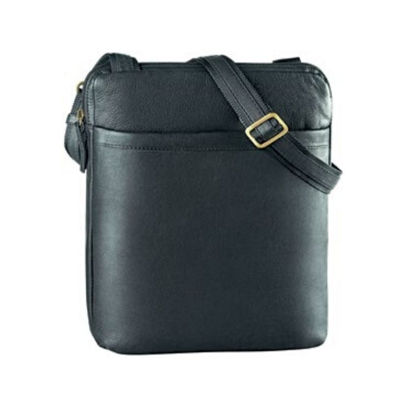 Black leather rectangular bag with a front pocket and adjustable shoulder strap by Derek Alexander.