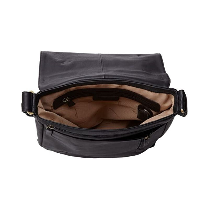 Inside of black leather handbag by Derek Alexander has a tan fabric and is very spacious with pockets