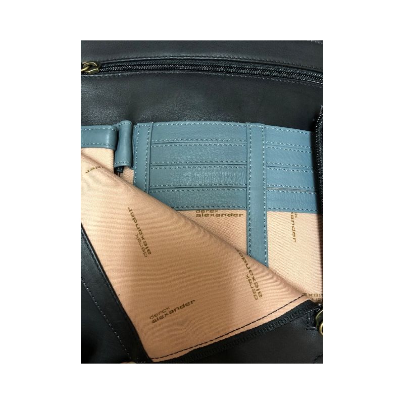 Side flat compartment on black leather bag by Derek Alexander has blue leather card slots.