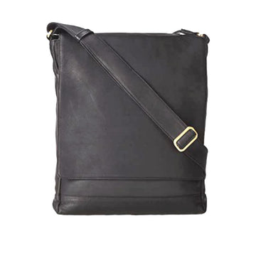Black leather rectangular bag with a flap cover pocket and adjustable shoulder strap by Derek Alexander.