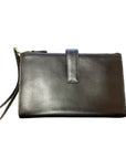 Black leather clutch wallet with wrist strap and top zipper
