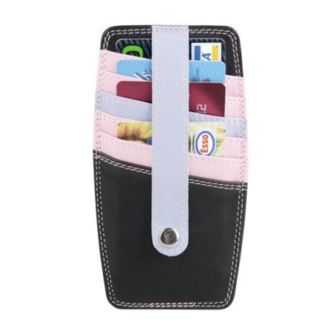 Black, pink and lilac leather card holder with leather strap with dome closure