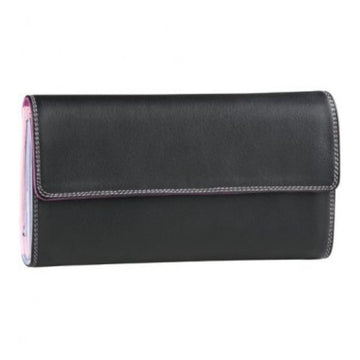 Long black leather wallet with contrast stitching.