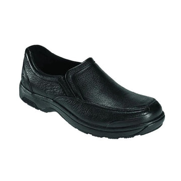 Black leather slip-on shoes with dual elastic side goring.