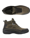 Top and side view of olive lace up boot with black outsole. Dunham logo stitched onto tongue.