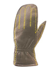 Black leather mittens with yellow dotted markings showing the fingers inside the mitten.