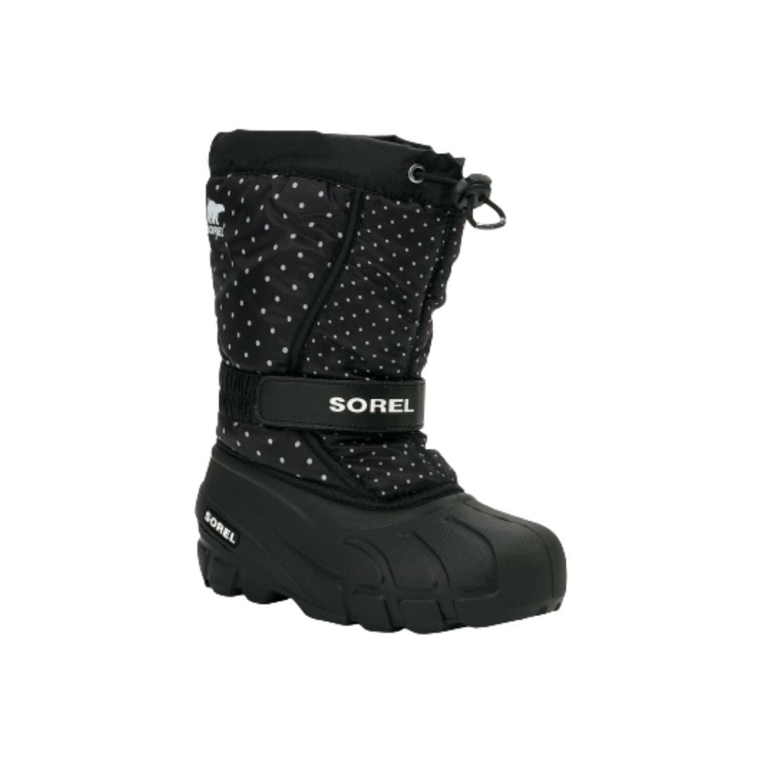 Black winter boot with white polka dots. This boot has a rubber foot and adjustbale toggle closure