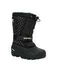 Black winter boot with white polka dots. This boot has a rubber foot and adjustbale toggle closure
