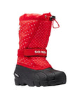 Red winter boot with white polka dots. This boot has a rubber foot and adjustbale toggle closure