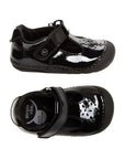 Top and side view of black patent leather mary jane with floral cutout detail
