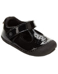 Black patent leather mary jane with floral cutout detail