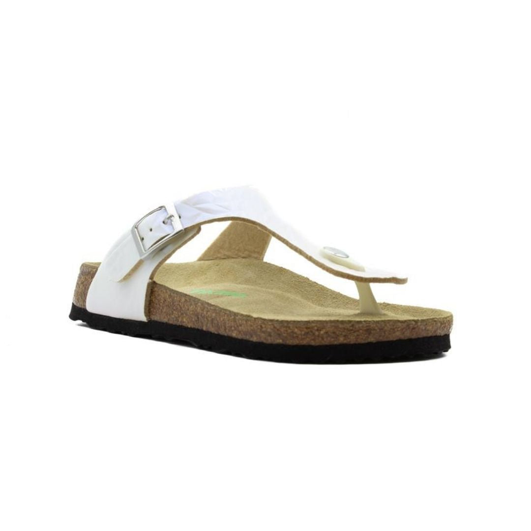 White thong style sandal with black outsole.