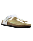 White thong style sandal with black outsole.