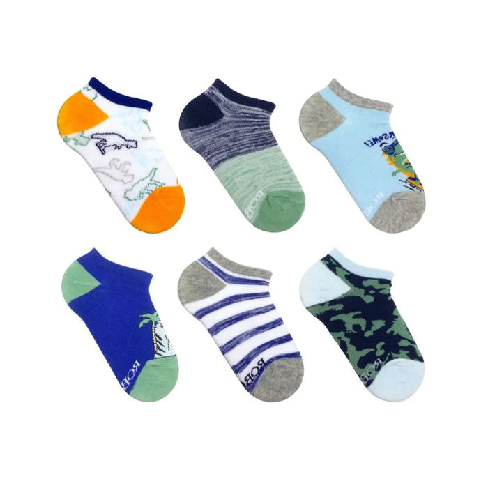 Six different socks which are dinosaur themed.
