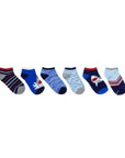 Six blue socks with different shark related imagery.