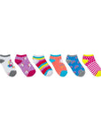 Six differnt socks with unicorn designs on them.
