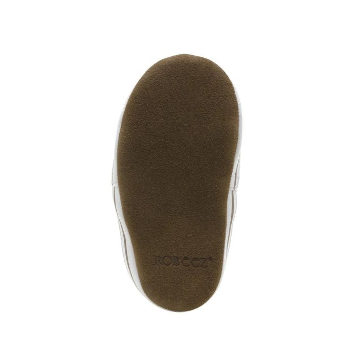 Brown suede leather outsole with Robeez logo on heel.