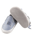 Right shoe shows soft grey bottom and left shoe shows  blue leather 3D shark kids shoe.