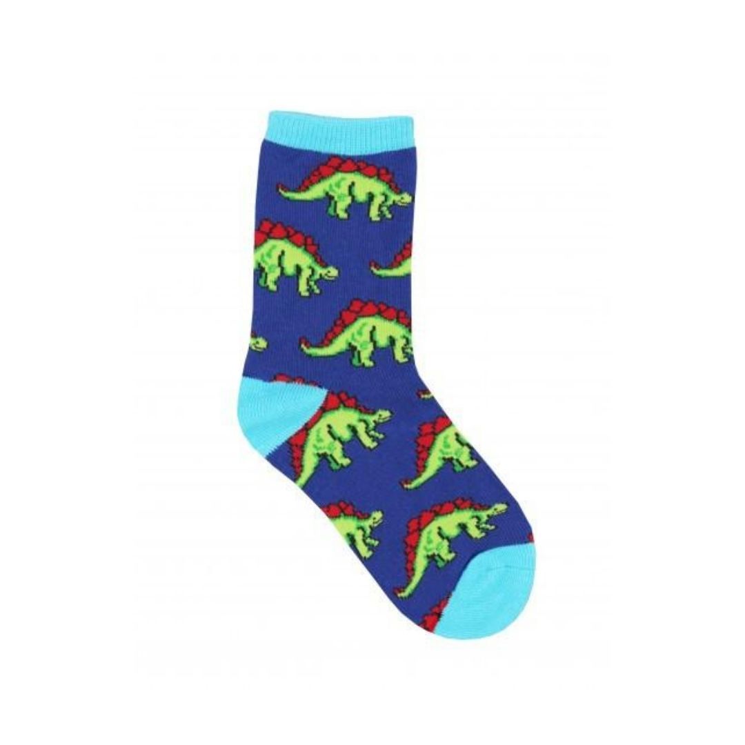 Dark blue sock with stegosaurus and light blue cuff, heel and toe cap.