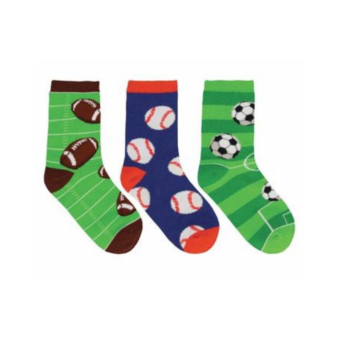Three cotton sock designs are football, baseball, and soccer.