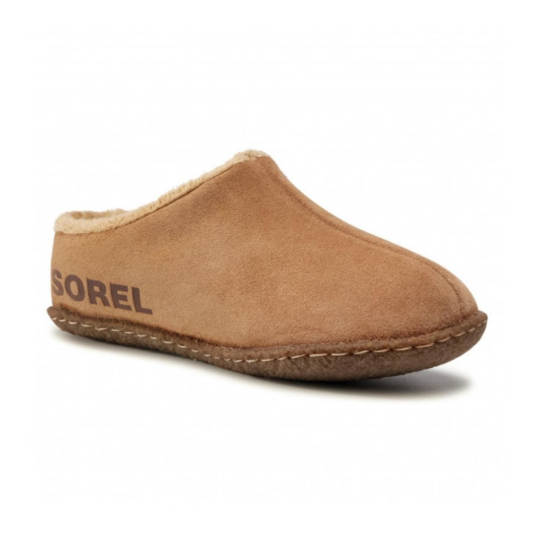 Brown leather slide slipper with crepe rubber outsole.