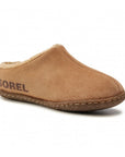 Brown leather slide slipper with crepe rubber outsole.