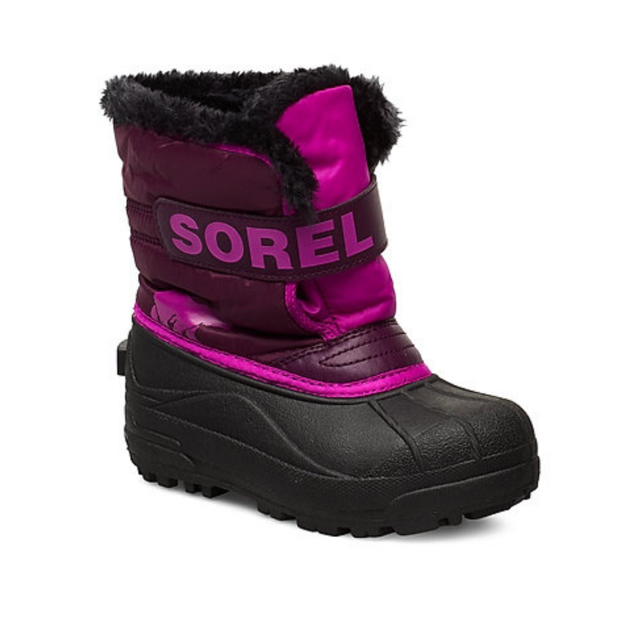 Purple winter boot with velcro strap, black rubber foot and faux fur trim