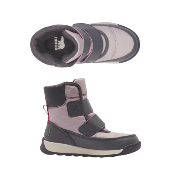 Grey and pink nylon winter boot with two Velcro strap closures. Sorel logo on the heel of the insole.