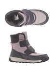 Grey and pink nylon winter boot with two Velcro strap closures. Sorel logo on the heel of the insole.