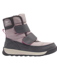 Pink and grey Sorel boot with two adjustable Velcro straps.