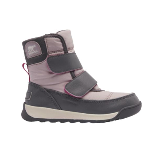 Grey and pink nylon winter boot with two Velcro strap closures. Sorel logo on the side.