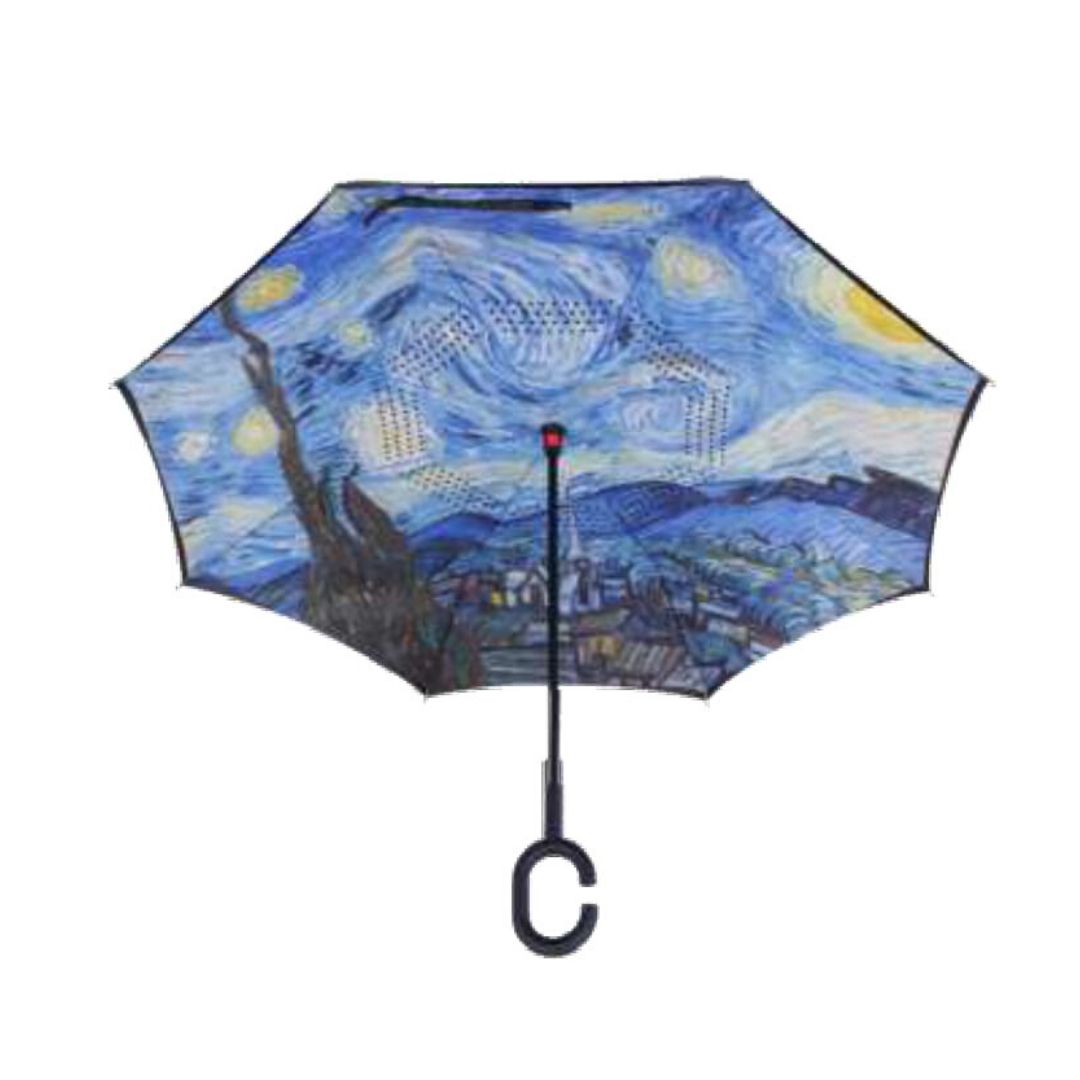 Open Knirps reversible umbrella has c-shaped handle with starry night (painting) image on it