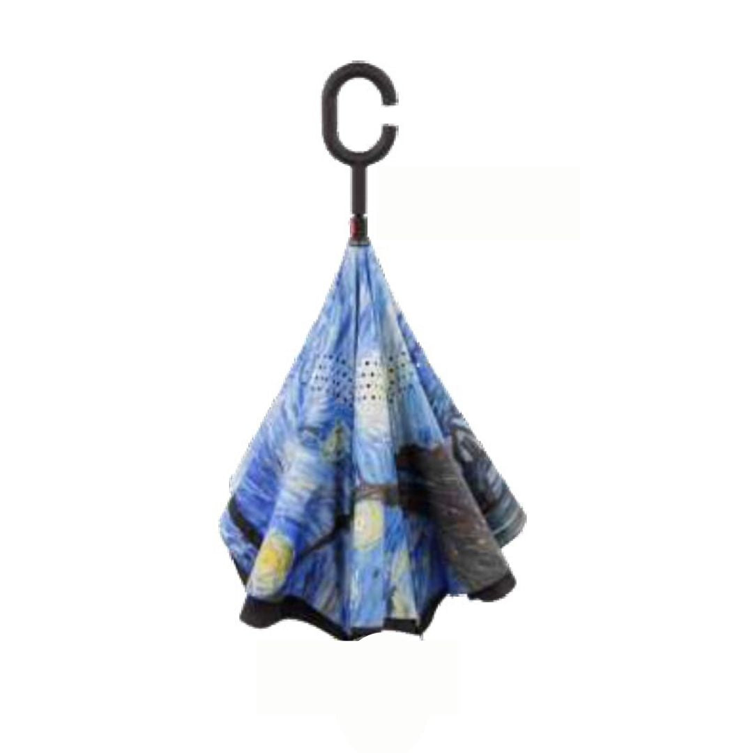 Closed Knirps reversible umbrella has c-shaped handle with starry night (painting) image on it
